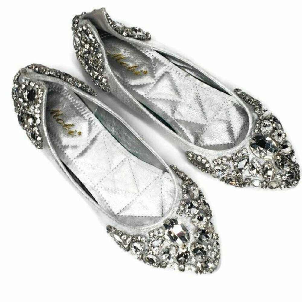 Mobi Chunky Rhinestone Silver Metallic Ballet Fl